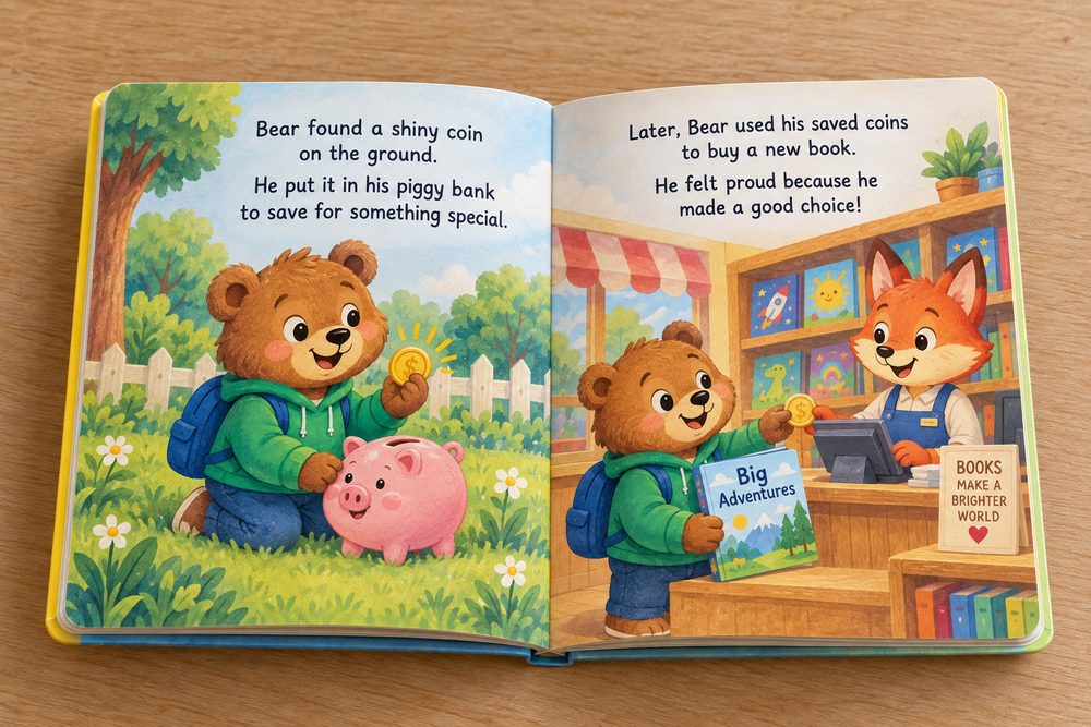 Inside a Growing Minds Co. book: Bear saves a coin, then buys a book